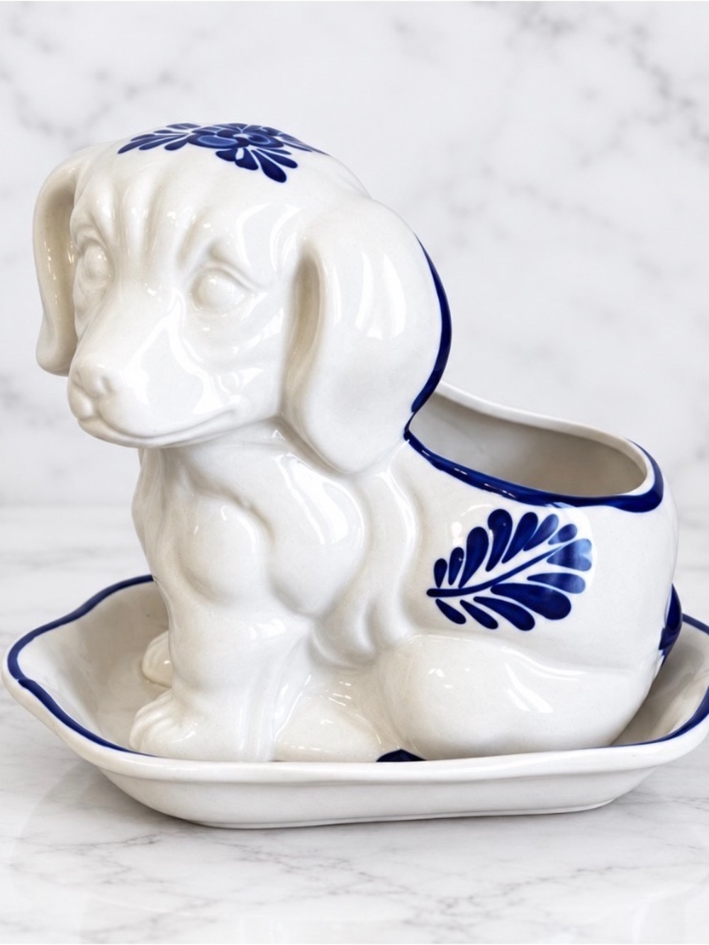 Vintage Ceramic Folk Art Dog Planter with Blue Leaf Motif